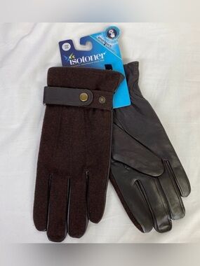 Isotoner Men's Smart Touch Leather Palm Flannel Gloves Saddle Brown sz. LG NWT